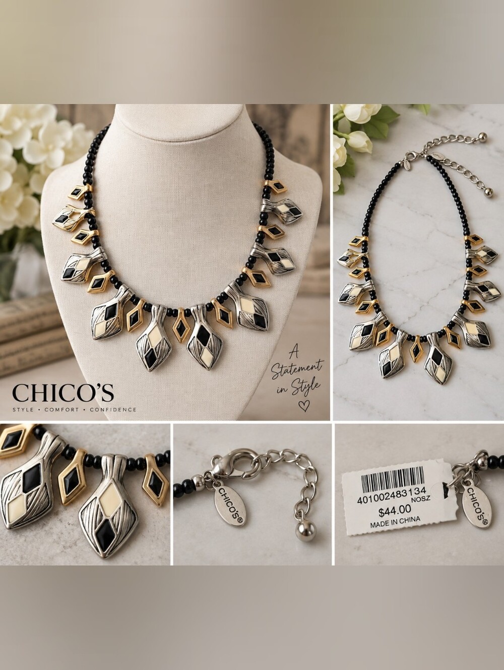 Chico's Black and Gold Geometric Statement Necklace